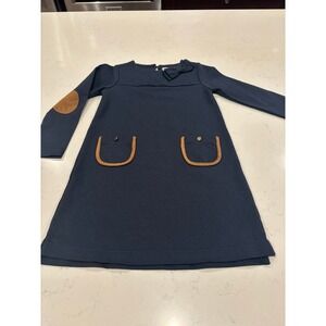 Hope & Henry Girls Navy Blue Organic Cotton Quilted Bow Dress with Elbow Patches